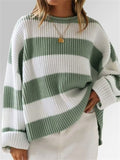Women's Autumn Round Neck Contrast Color Striped Flare Sleeve Sweaters