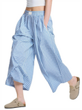 Women's Plaids Wide Leg Capri Pants Summer Casual Loose Fit