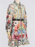 Women's Long Sleeve Summer Floral Print Button Up Lapel Mini Dress