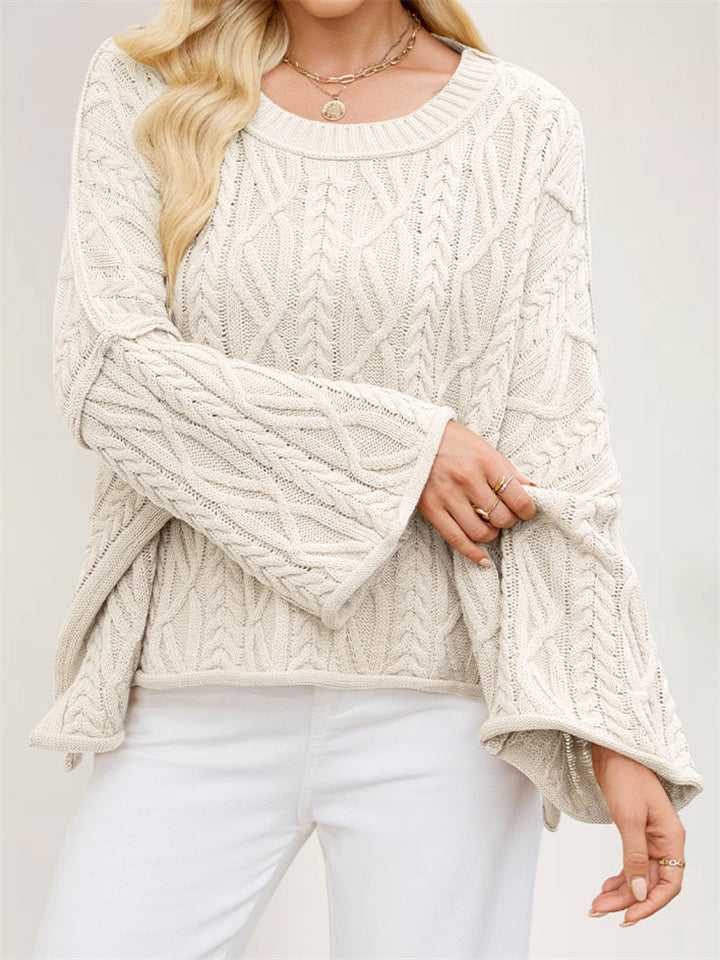 Women's Loose Solid Color Crochet Round Neck Asymmetric Hem Sweaters