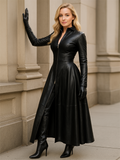 Women's Retro Zip Up Stand Collar Slim Fit PU Leather Dress