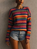 Womens Boho Rainbow Striped Geometric Crewneck Knit Top