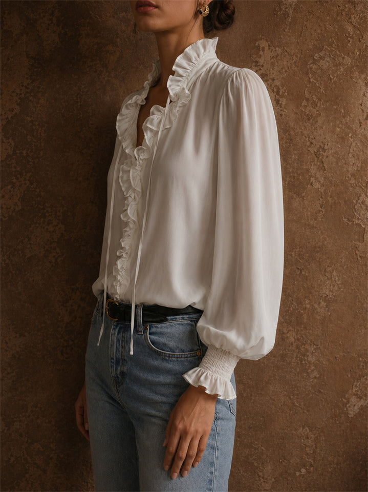 Women's White Elegant V Neck Vintage Lantern Sleeve Ruffle Blouse