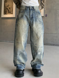 Men's Streetwear‌ Loose Fit Wash Distressed Jeans with Beads and Rhinestone