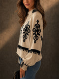 Womens Boho Style Print Lantern Sleeve V Neck Button Blouse
