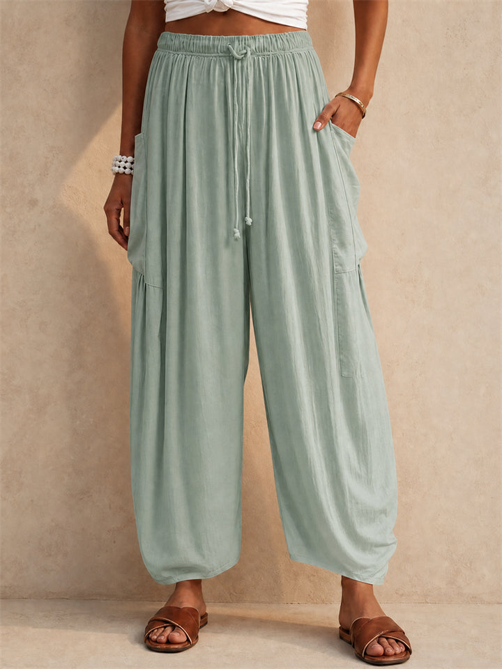 Womens Casual Cotton Linen High Waisted Lantern Pants