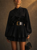 Womens Chic Ruffle Pleated Puff Sleeve Tiered Peplum Blouse
