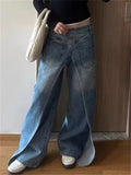 American Street Fake Two Piece Design Wide Leg Demin Pants for Women