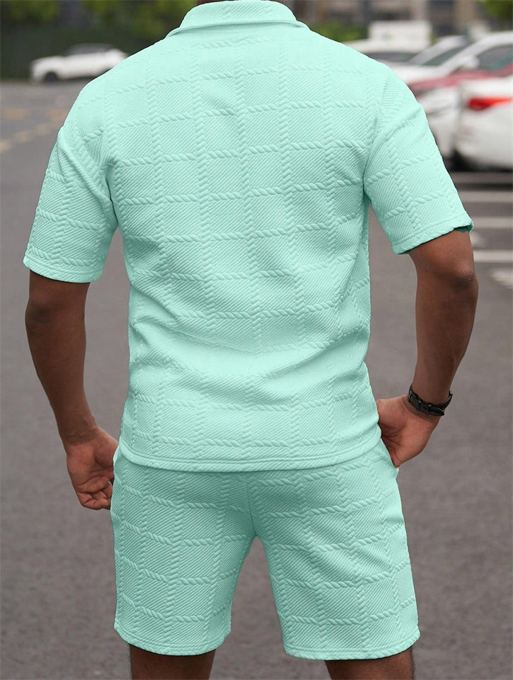 Men's Casual Summer Holiday Style 2 Piece Textured Knit Polo Short Outfits
