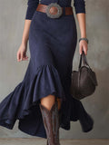 Women's Vintage Blue Faux Suede High Neck Dress