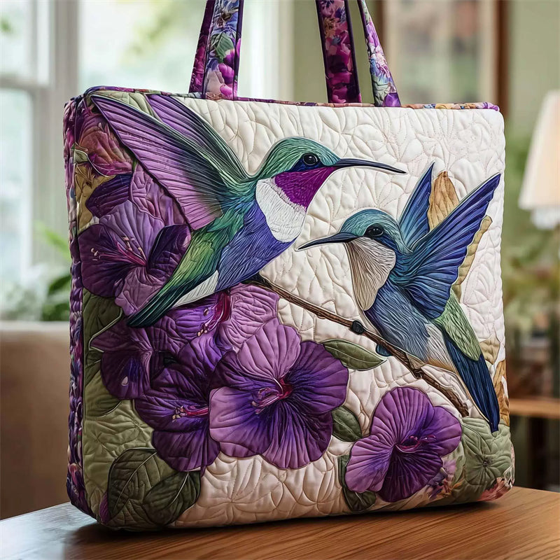 Hummingbird & Floral Print Quilted Canvas Tote Bag
