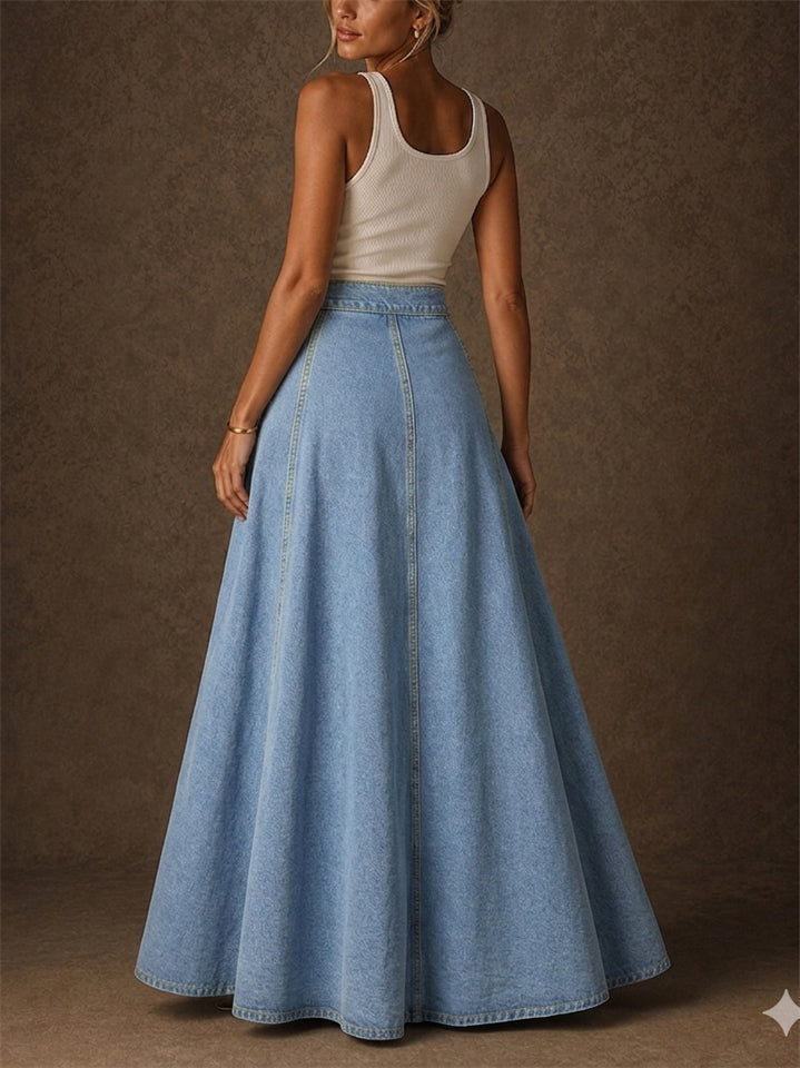 Women High Waist Button Front A Line Flared Denim Maxi Skirt