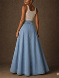 Women High Waist Button Front A Line Flared Denim Maxi Skirt