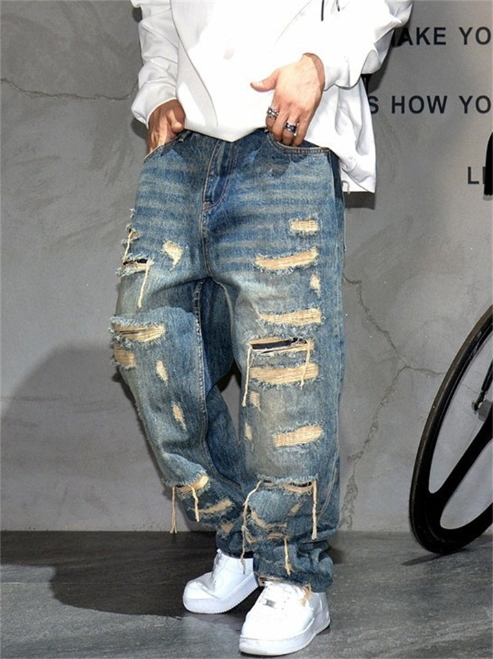Men's Stylish Blue Distressed Ripped Wide Leg Denim Jeans