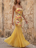 Women's Trendy Yellow Butterfly Strapless Mesh Mermaid Hem Maxi Dress