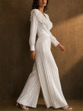 Women Satin Pleated Wide Leg High Waist Palazzo Pants