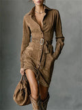 ‌Women's Autumn Suede Buttons Lapel Shirt Dress with Belt