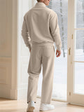 Men's Casual Solid Color Pit Stripe Drawstring Stand Collar Sweatshirts & Sweatpants Outfit