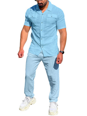Male Summer Casual Slim Fit Sets Short Sleeve Shirt+Long Pants