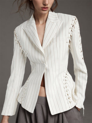 One Button Striped Lace-Up Ladies' Blazer Coat