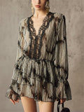 Women's Summer Chiffon Lace V Neck Striped Flare Sleeve Mini Dress