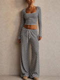 Womens Striped Ribbed Long Sleeve Crop Top Wide Leg Pants 2pc Set