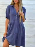 Women Casual Loose V Neck Short Sleeve Tiered Shirt Dress