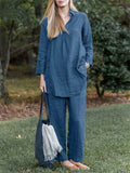 Country Style Casual Plain Long Sleeve Shirt and Straight Leg Pants