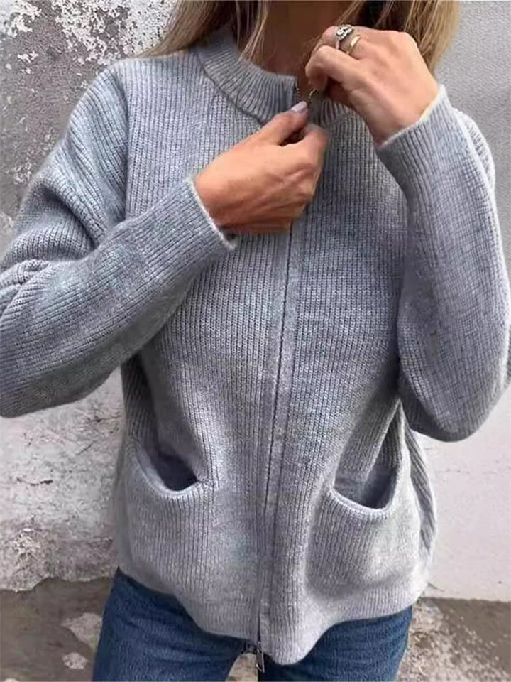 Women's Soft Knit Autumn Pockets Zip Up Open Front Cardigan Sweaters