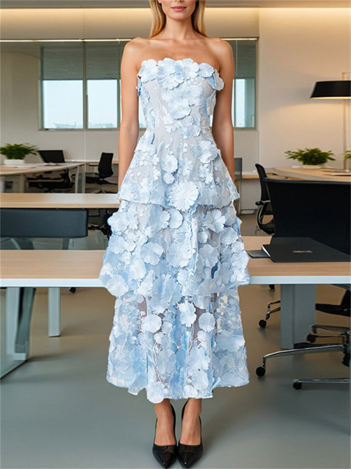 French Style Elegant 3D Embroidery Flowers  Strapless Dress for Lady