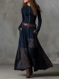 Vintage Style Stand Collar Plaid Patchwork Long Dress for Women