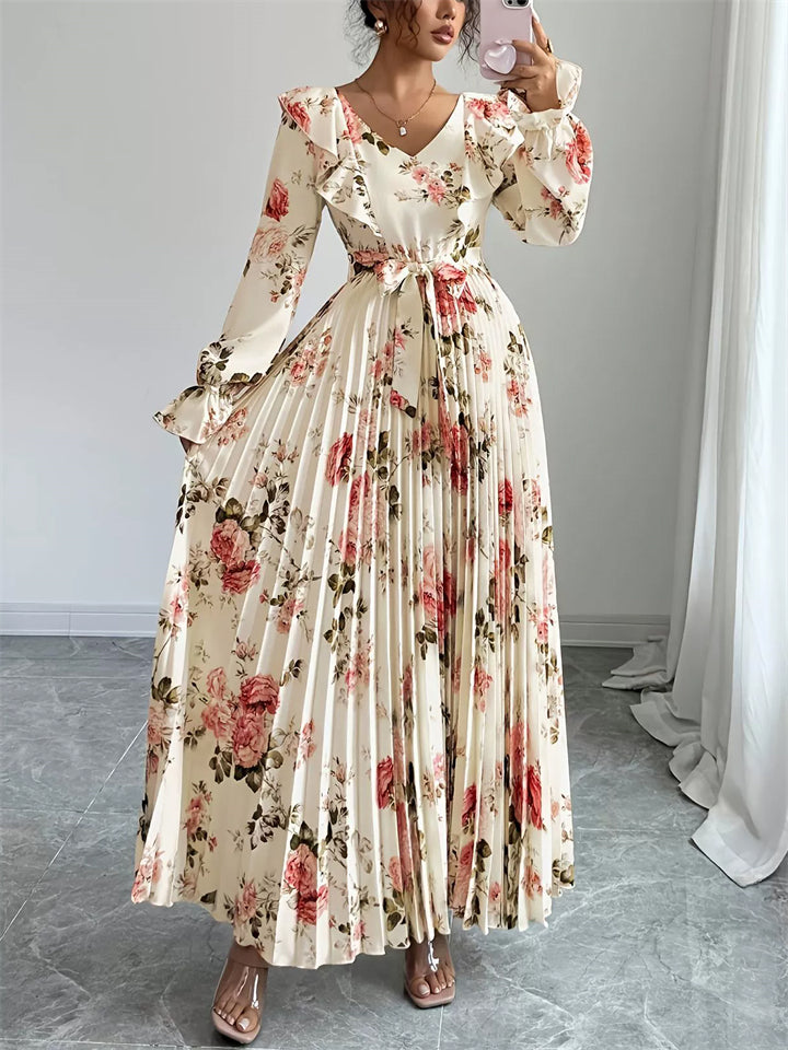 Eelgant Spring Summer Floral Print Ruffled Sleeve Maxi Dress for Women