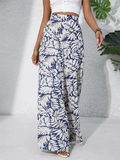 Women's Holiday Style Leaves Printed Chiffon High Waist Wide Leg Pants