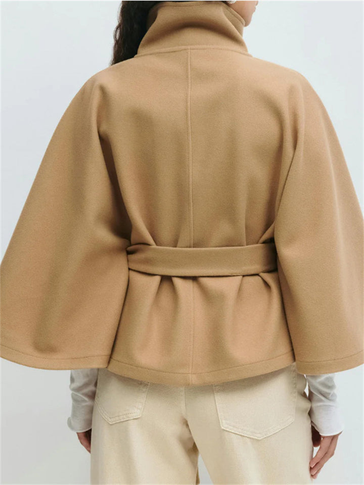 Ladies' Elegant Solid Color Stand Collar Tie-waist Cloak Trench Coats