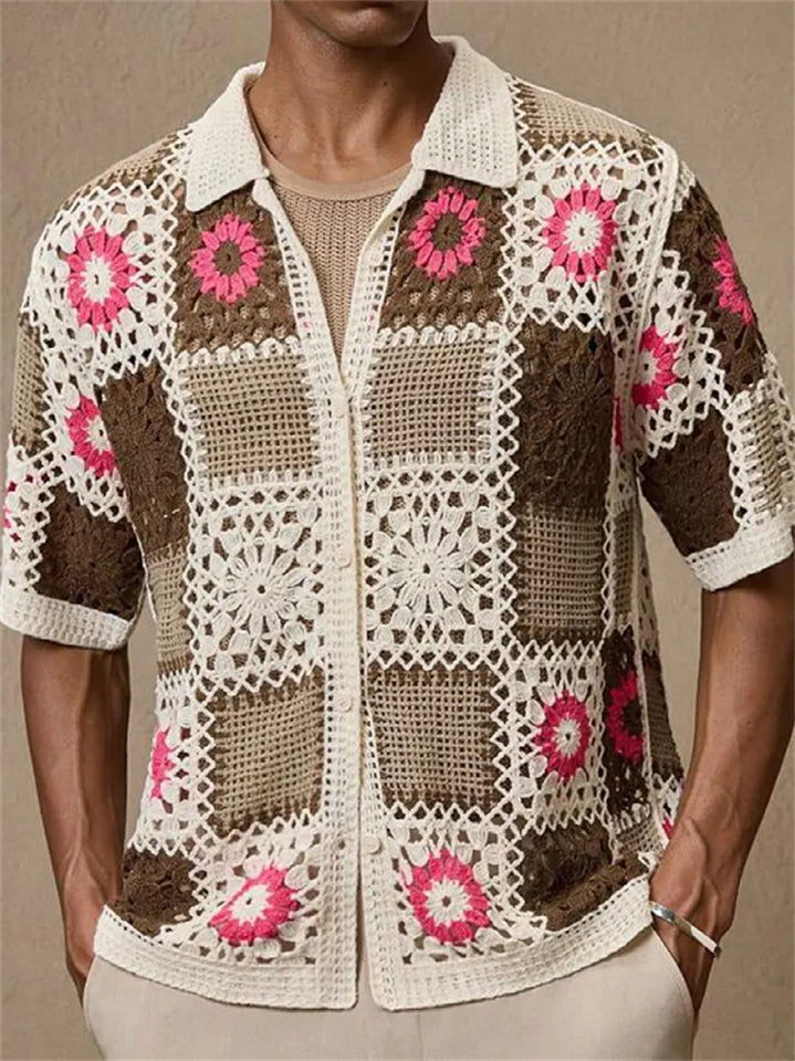 Men's Summer Holiday Style Jacquard Hollow Short Sleeve Shirts