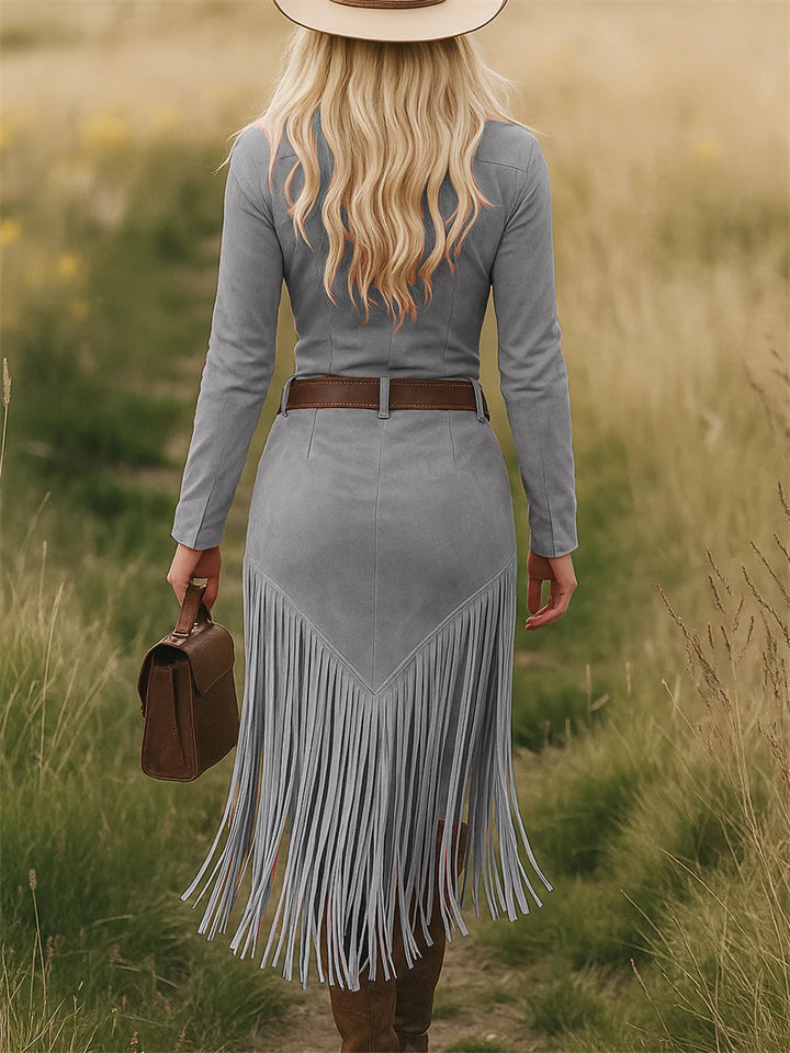Vintage Autumn Lapel Zip Up Fringe Suede Dress for Women