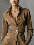 ‌Women's Autumn Suede Buttons Lapel Shirt Dress with Belt