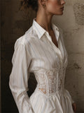Women's Chic Striped Lace Corset Waist Button Down Blouse