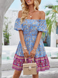 Bohemian Off Shoulder Puff Sleeve Print Beach Dress for Lady