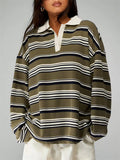Women's Striped Rugby Shirt Long Sleeve Oversized Polo Top