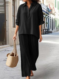 Women's 2Pcs Solid Color Casual Lapel Long Sleeve Shirt &Pants Set