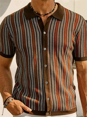 Men's Thai Stripe Lapel Short Sleeve Slim Fit Knit Shirt