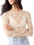 Women's Sheer Lace Mesh Long Sleeve Sabrina Neck Shirts