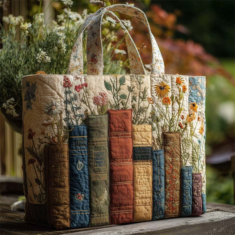 Books and Flowers Collection Quilted Tote Handbags