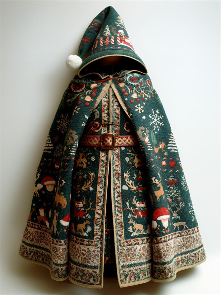 Women's Holiday Style Green Christmas Print Hooded Cloak