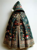 Women's Holiday Style Green Christmas Print Hooded Cloak