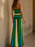 Women Stylish Color Block Striped Strapless Tube Maxi Dress