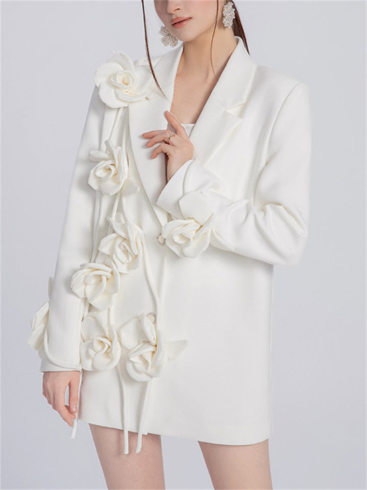 Ladies Elegant White Trendy 3D Flower Long Sleeve Suit Coat