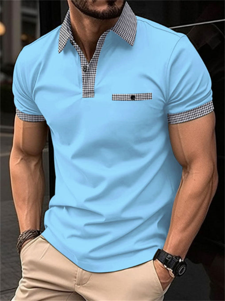 Men's Plaid Lapel Collar Sports Polo Shirt for Vacation