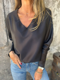 Ladies' Elegant Solid Color V Neck Satin Long Sleeve Blouses
